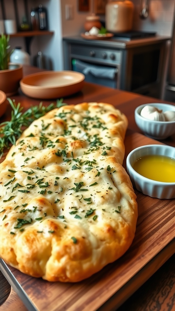 Golden brown garlic herb flatbread on a cutting board with fresh herbs and olive oil.